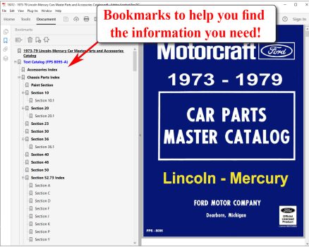 Screenshot for the 1973 to 1979 Lincoln Mercury Car Parts Catalog